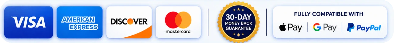 Payment Methods VISA Mastercard Amex Discover Apple Pay Google Pay PayPal