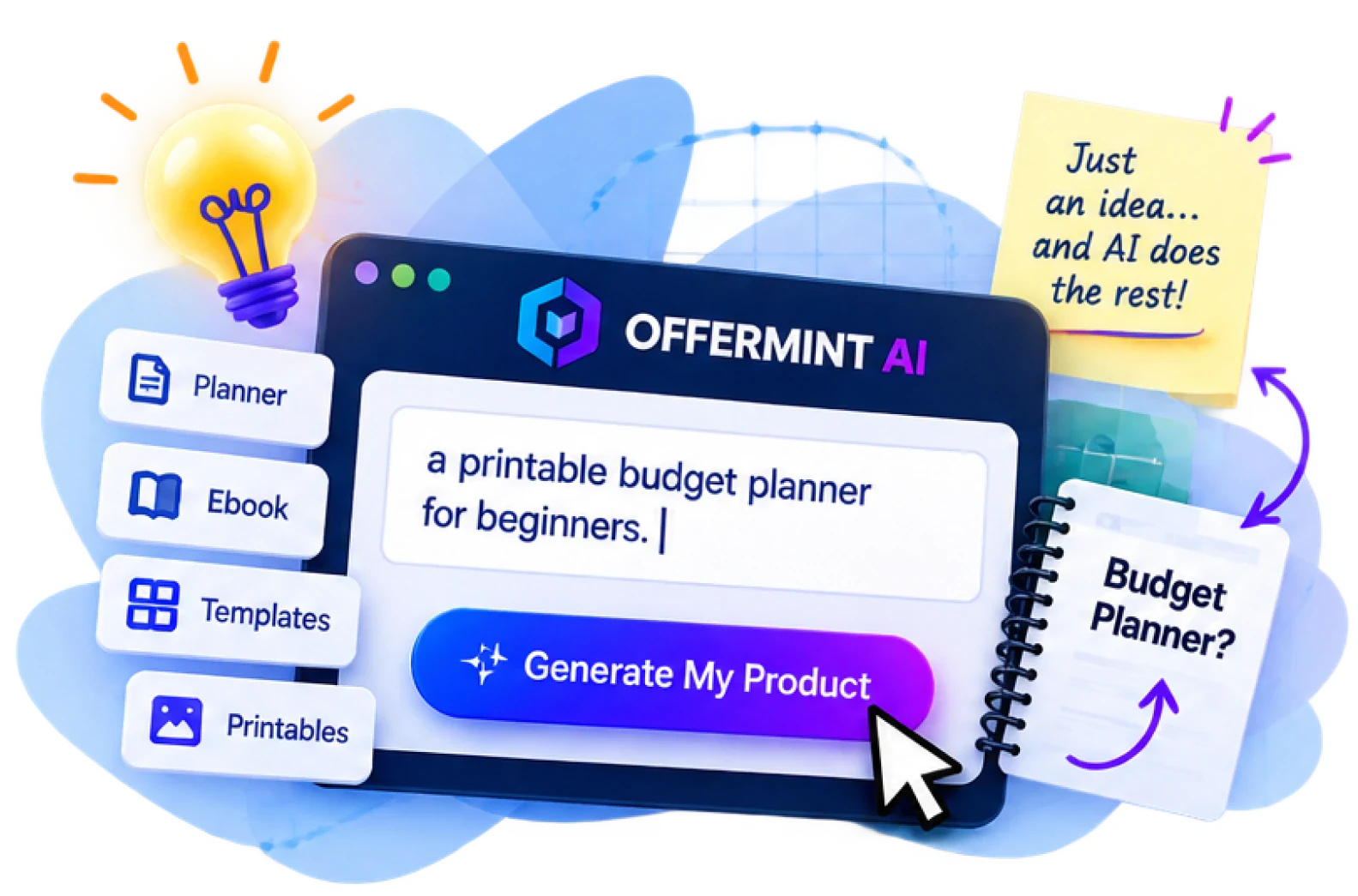 OfferMint AI Step 1: Type any basic idea and generate product