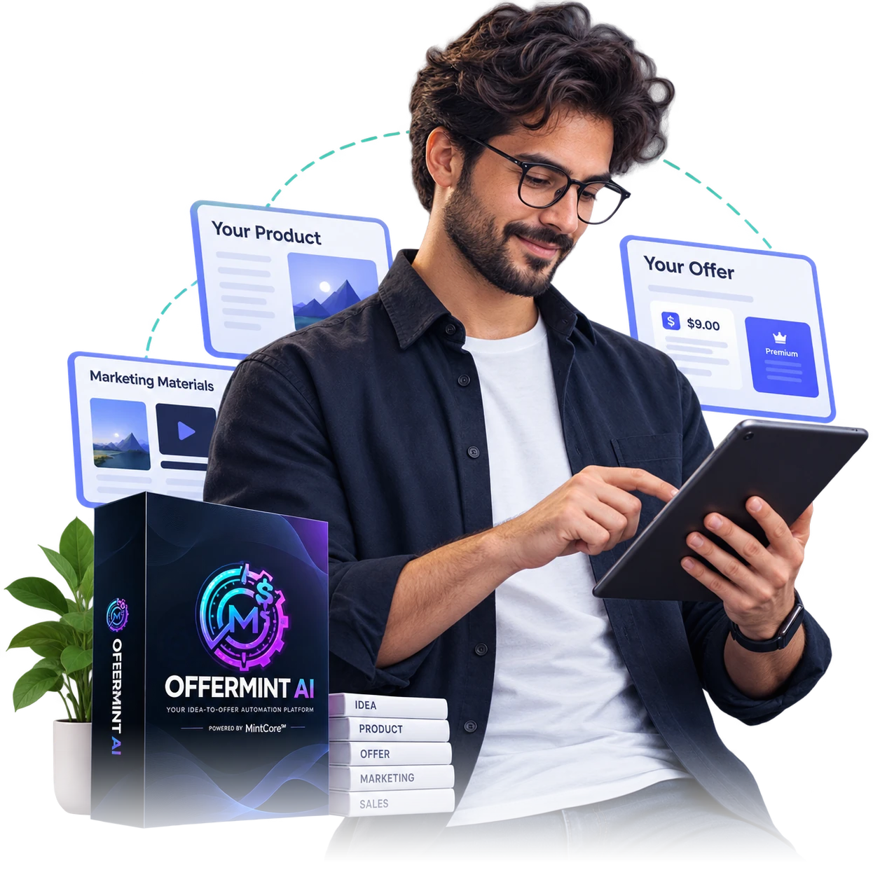 Creator using tablet with OfferMint AI