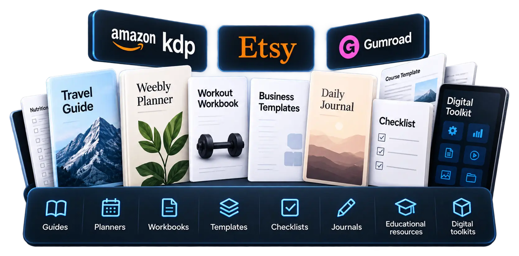 Platforms like Amazon KDP, Etsy & Gumroad digital products showcase