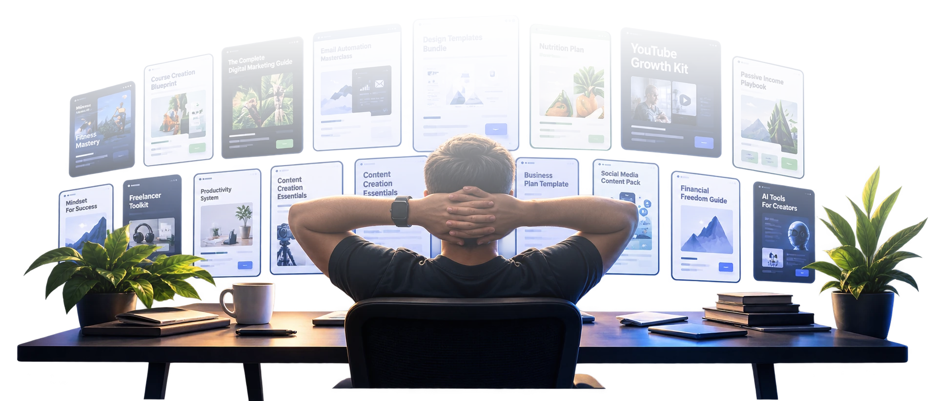 Creator workspace with multi-monitors running OfferMint AI